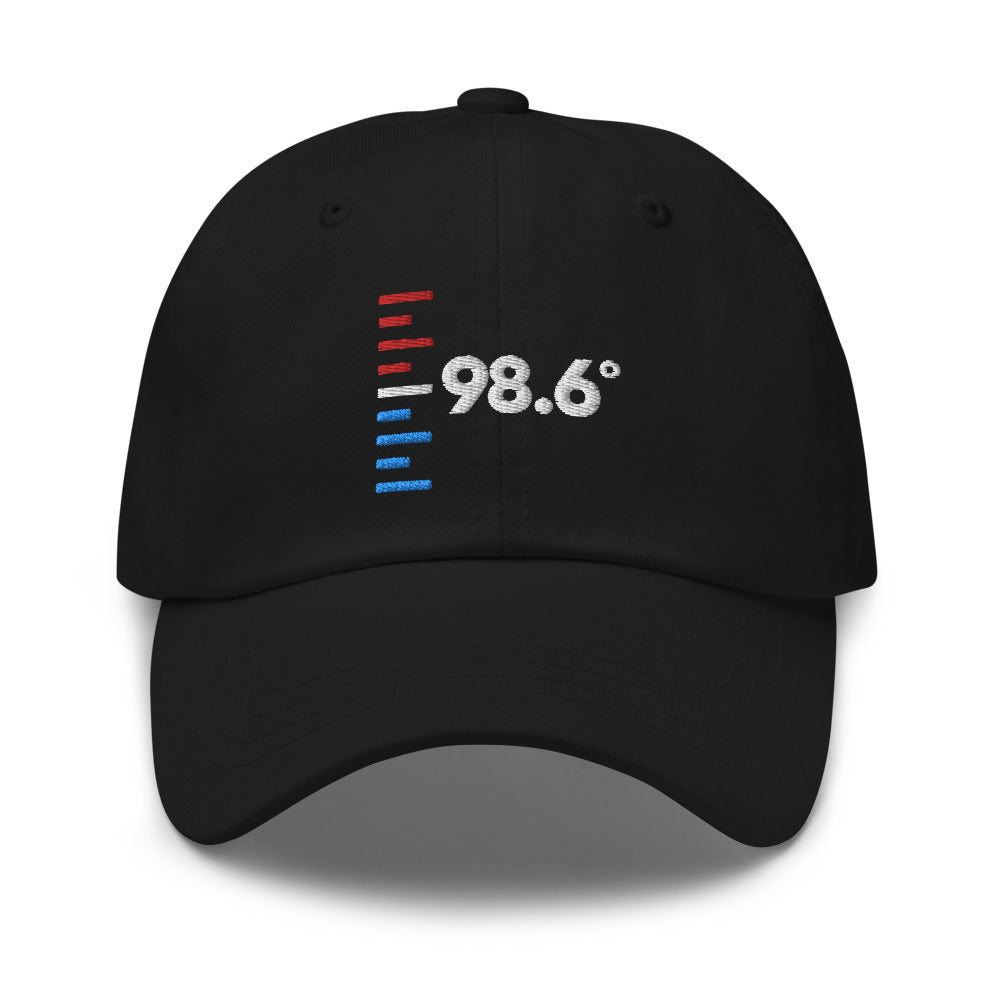 Black Baseball hat with 98.6 embroidered on it