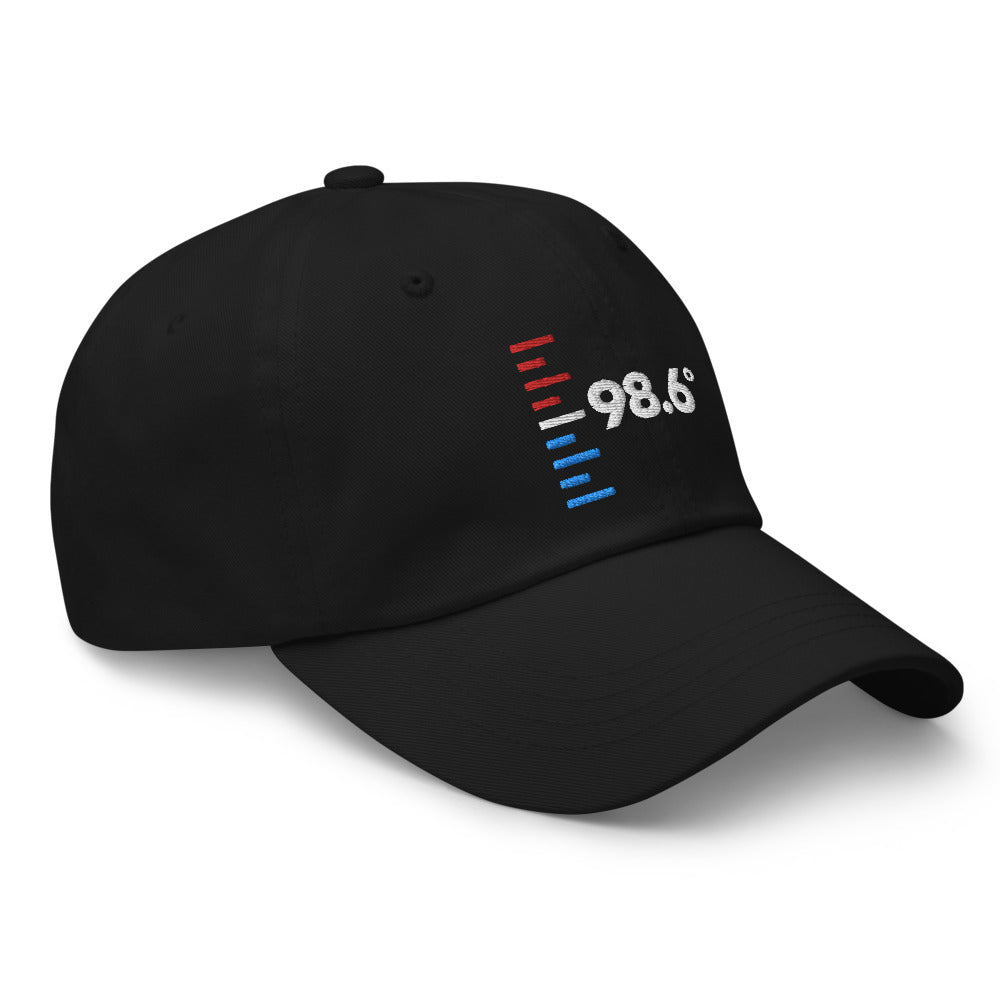 Baseball hat with 98.6 embroidered on it side view