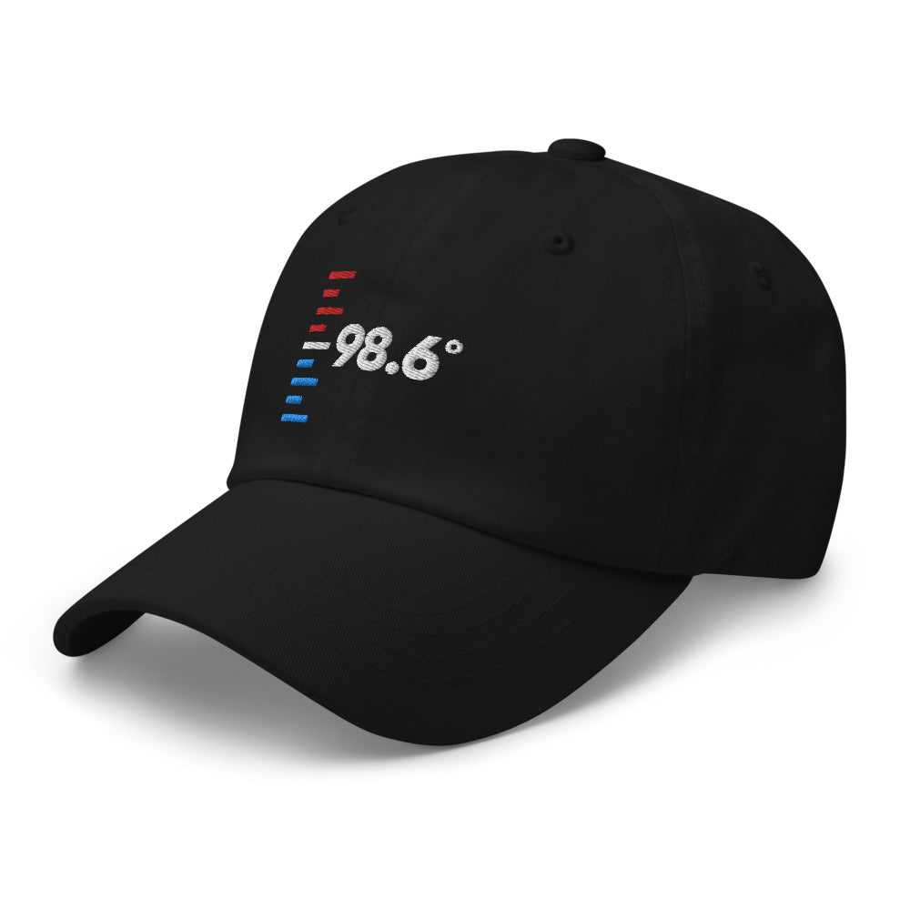 Baseball hat with 98.6 embroidered on it side view