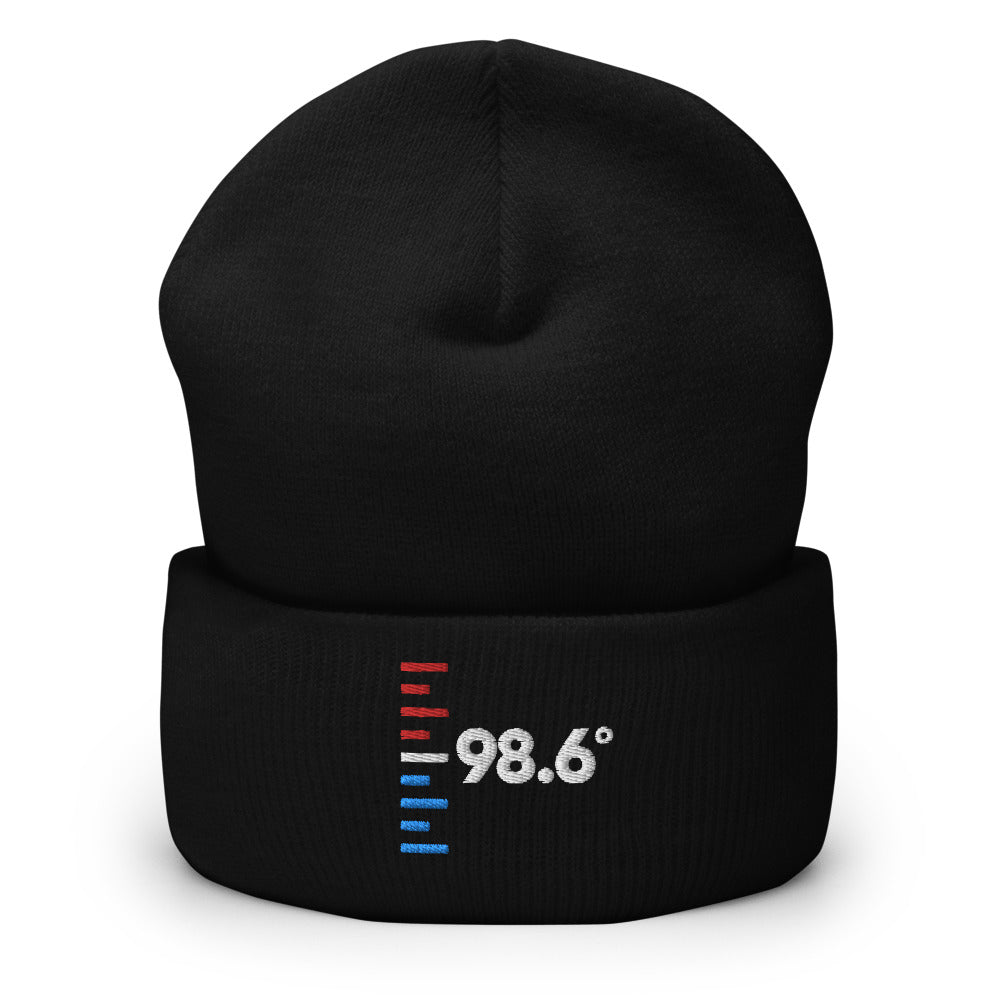 Black beanie hat with 98.6 embroidered on it.