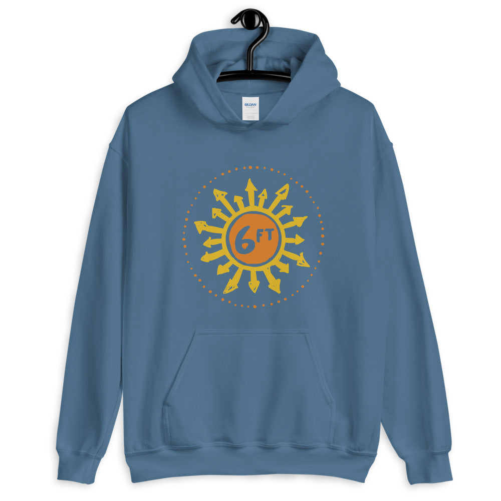design with a sun made up of 6ft in the center and arrows going out in yellow and orange on light blue unisex hoodie