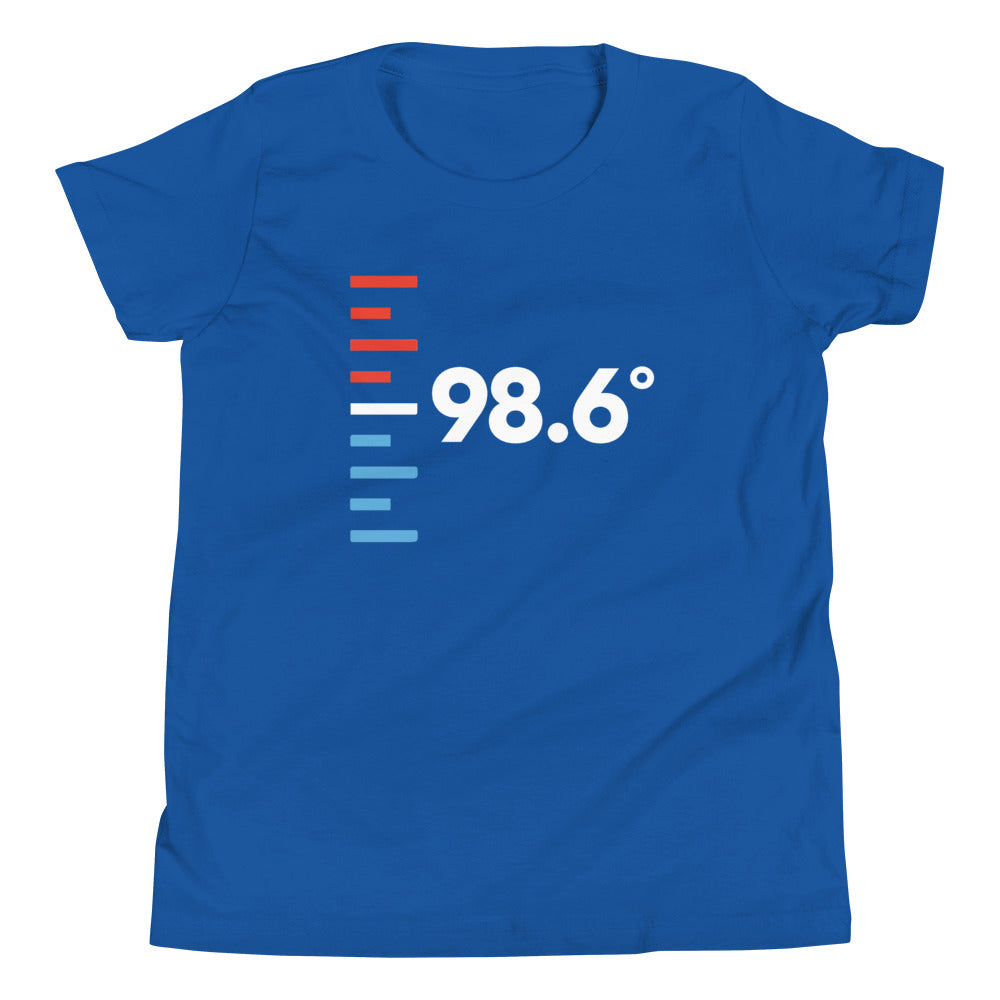 graphic of 98.6 on blue youth shirt