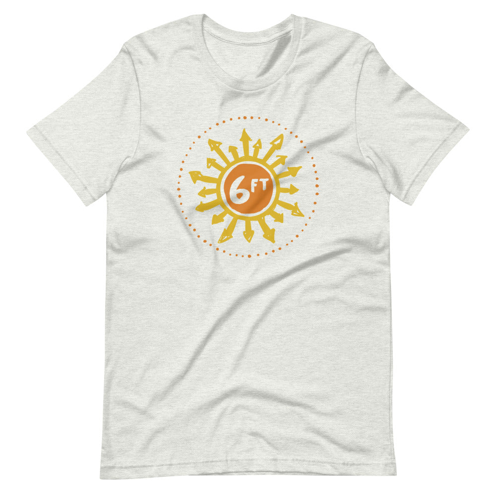 design with a sun made up of 6ft in the center and arrows going out in yellow and orange on white unisex tshirt