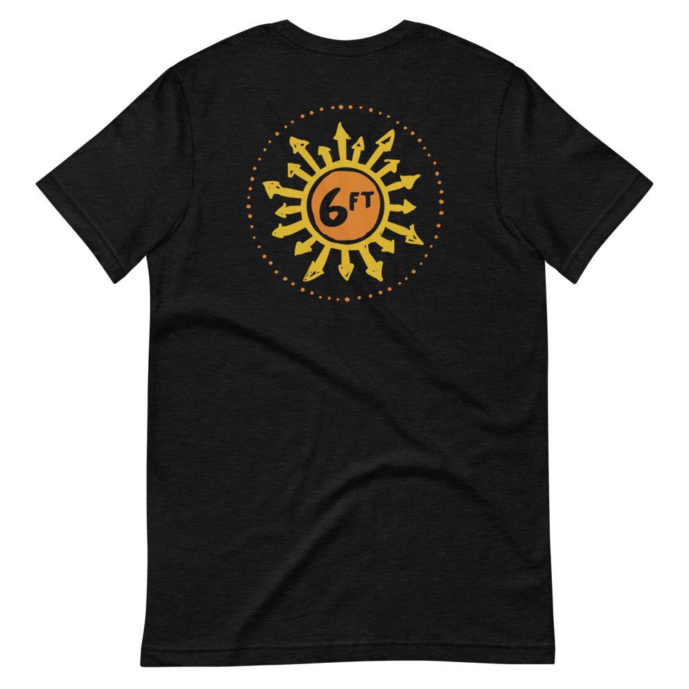 design with a sun made up of 6ft in the center and arrows going out in yellow and orange on the back of a black unisex tshirt
