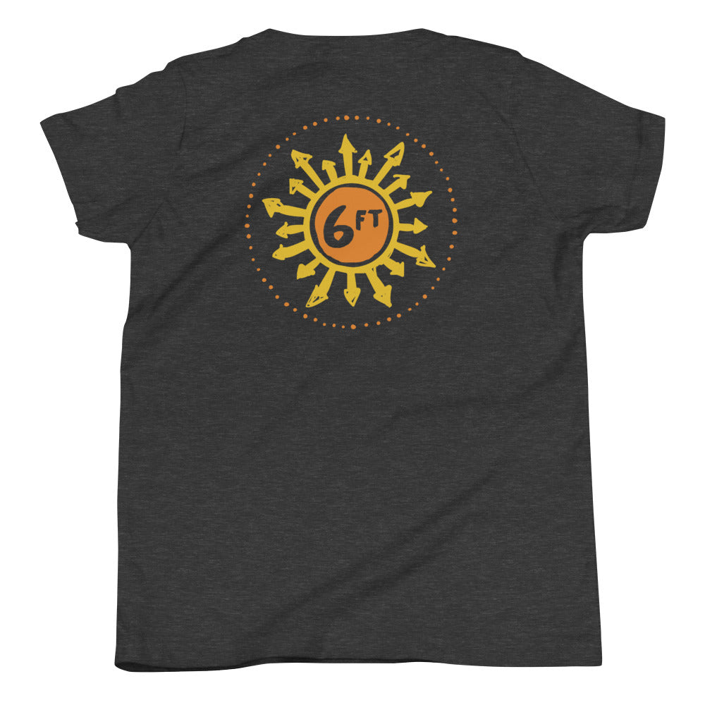 design with a sun made up of 6ft in the center and arrows going out in yellow and orange on back of dark grey youth tshirt