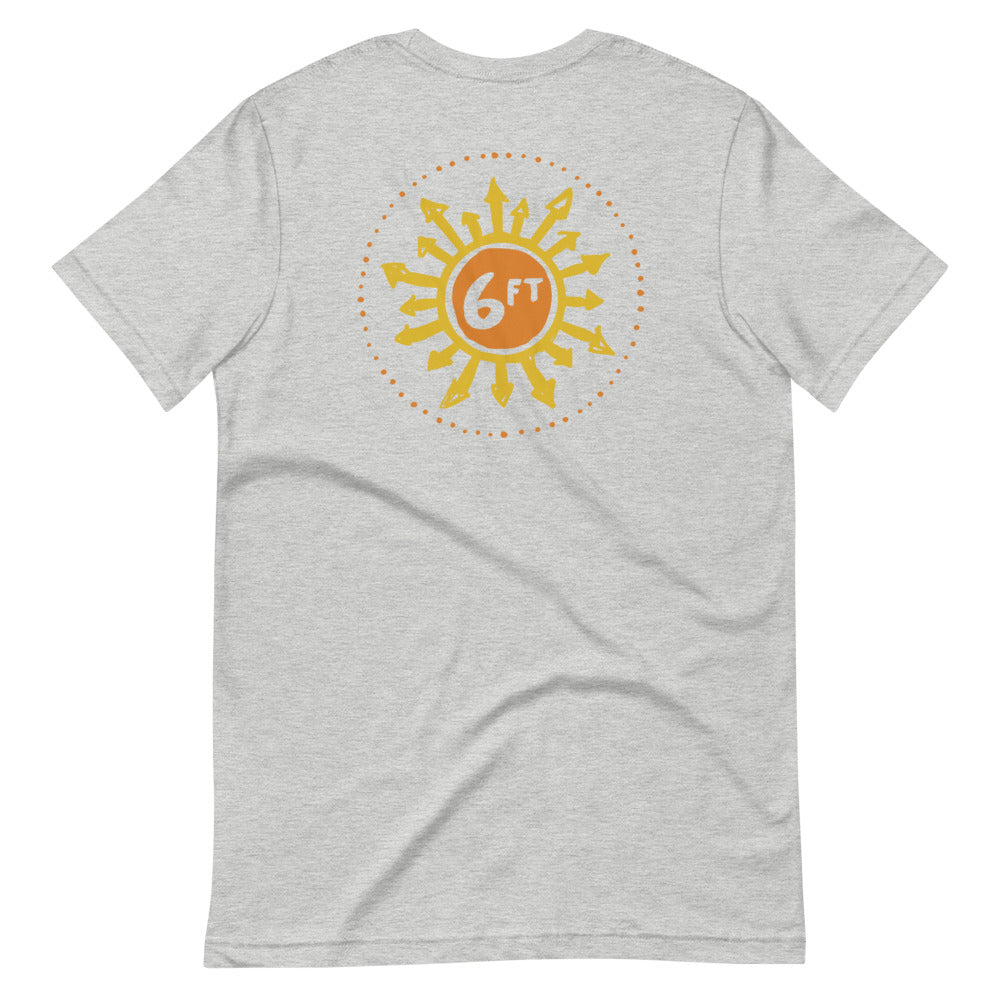 design with a sun made up of 6ft in the center and arrows going out in yellow and orange on the back of a light grey unisex tshirt