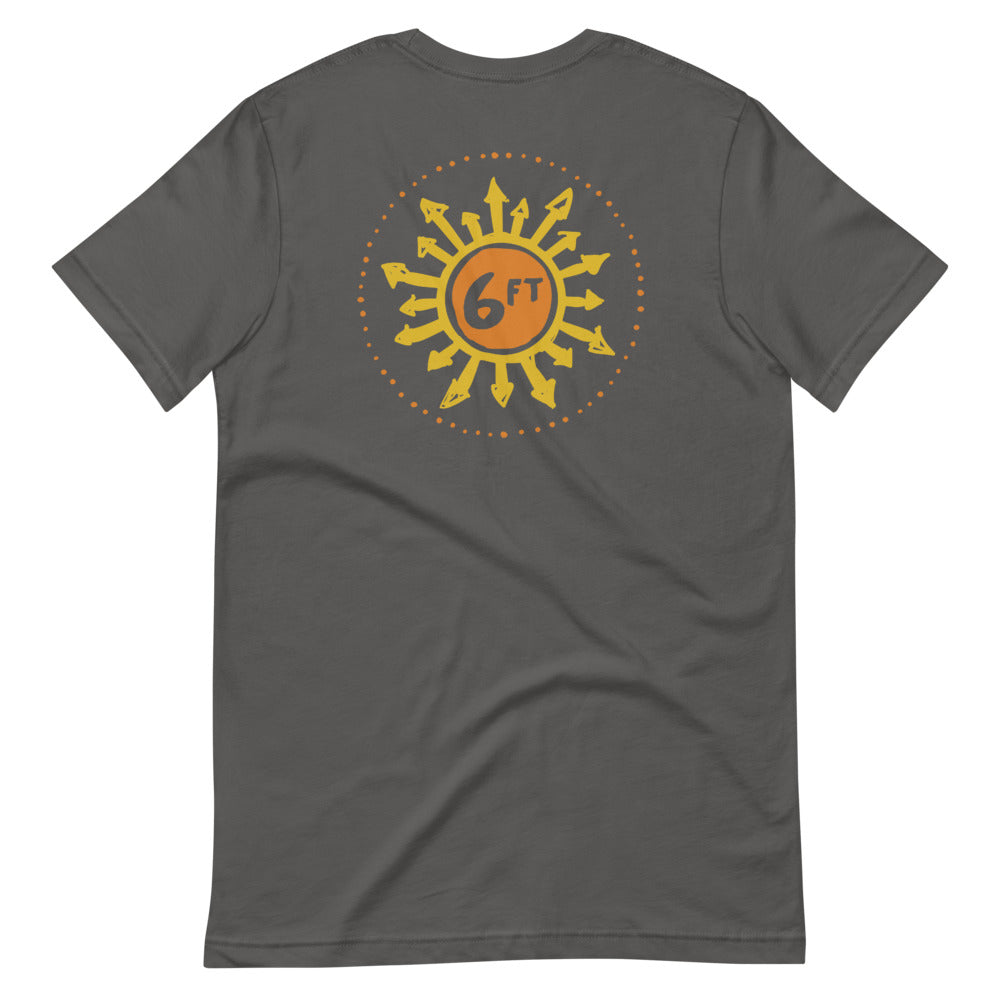 design with a sun made up of 6ft in the center and arrows going out in yellow and orange on back of a grey unisex tshirt