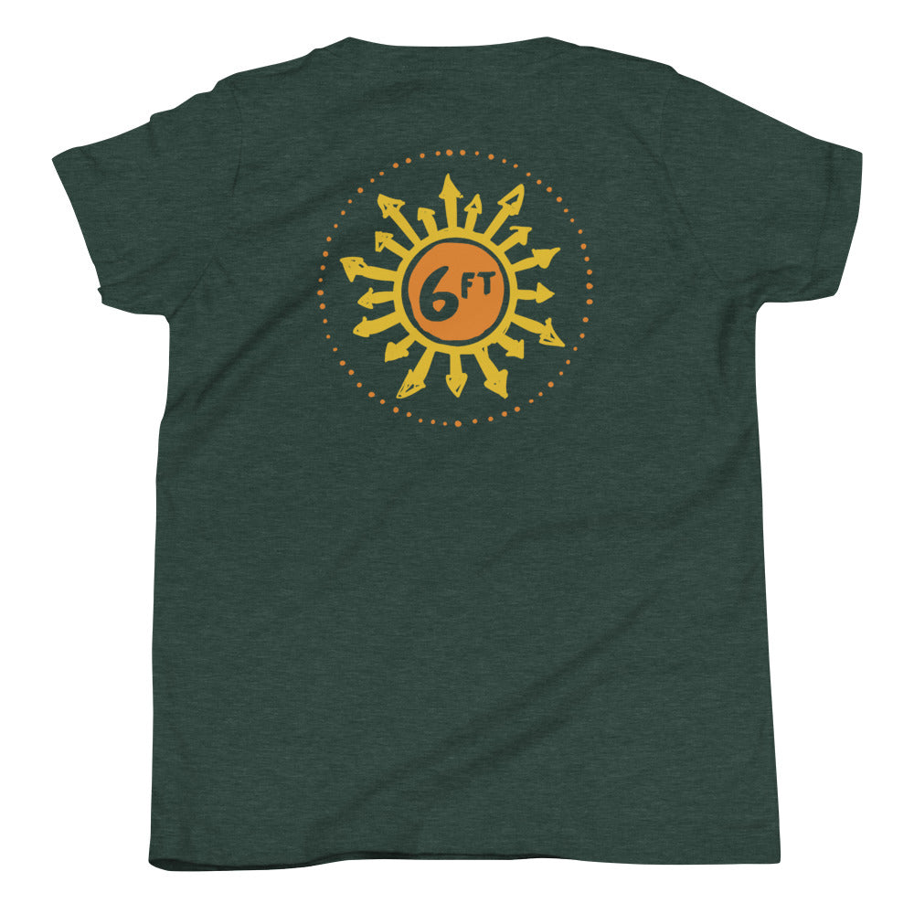 design with a sun made up of 6ft in the center and arrows going out in yellow and orange on back of dark green youth tshirt