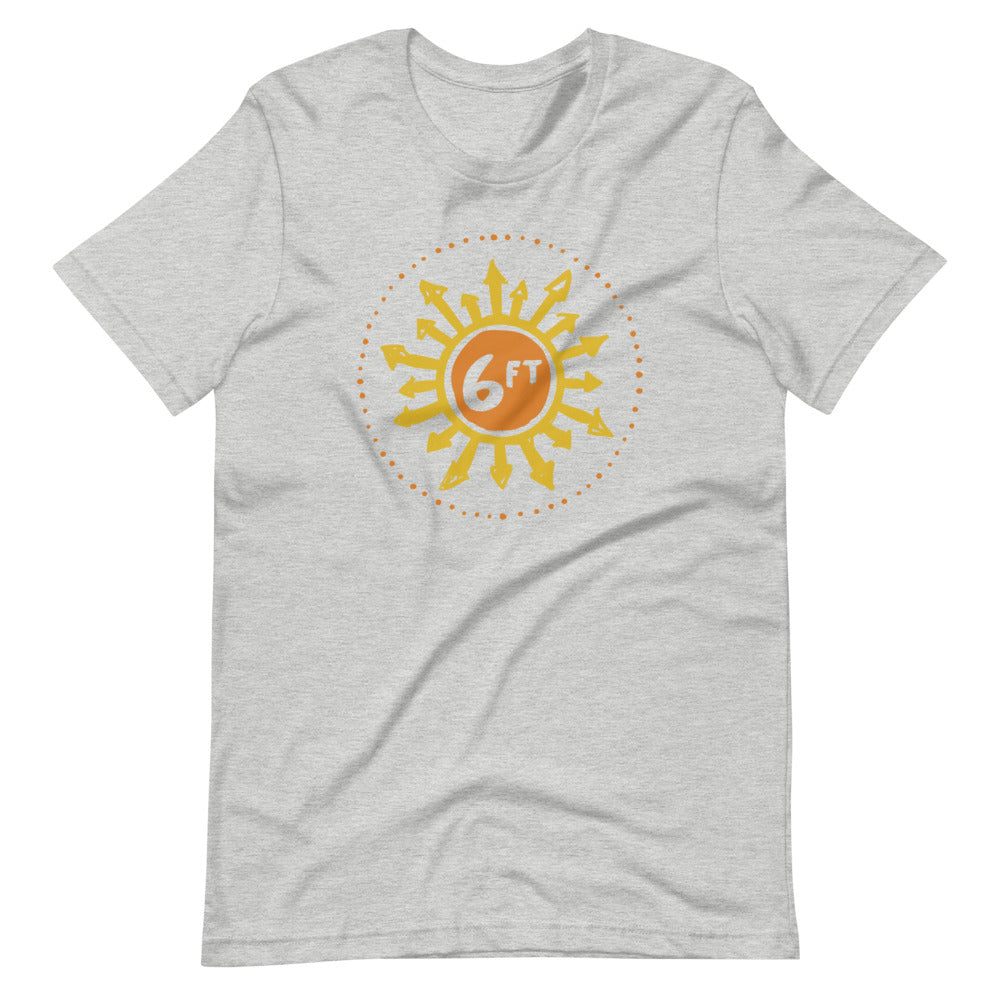 design with a sun made up of 6ft in the center and arrows going out in yellow and orange on light grey unisex tshirt