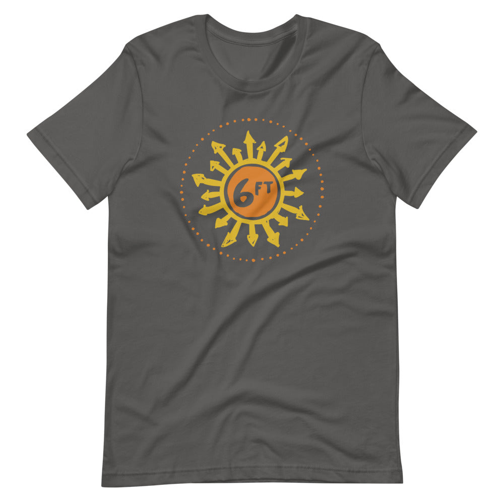 design with a sun made up of 6ft in the center and arrows going out in yellow and orange on grey unisex tshirt