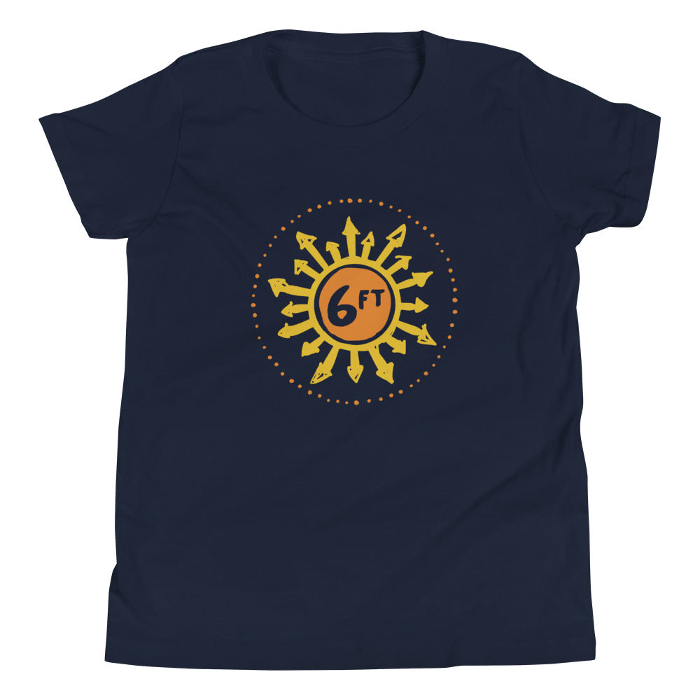 design with a sun made up of 6ft in the center and arrows going out in yellow and orange on navy youth tshirt
