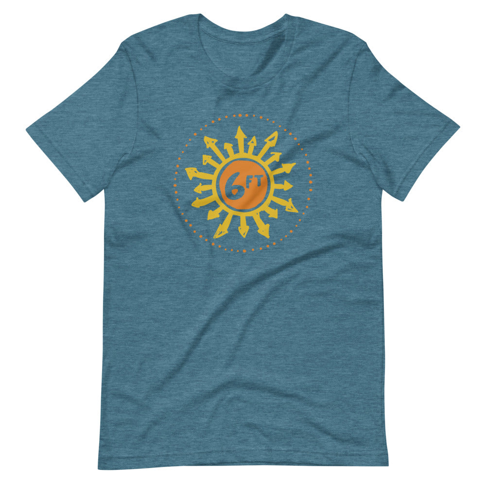design with a sun made up of 6ft in the center and arrows going out in yellow and orange on light blue unisex tshirt