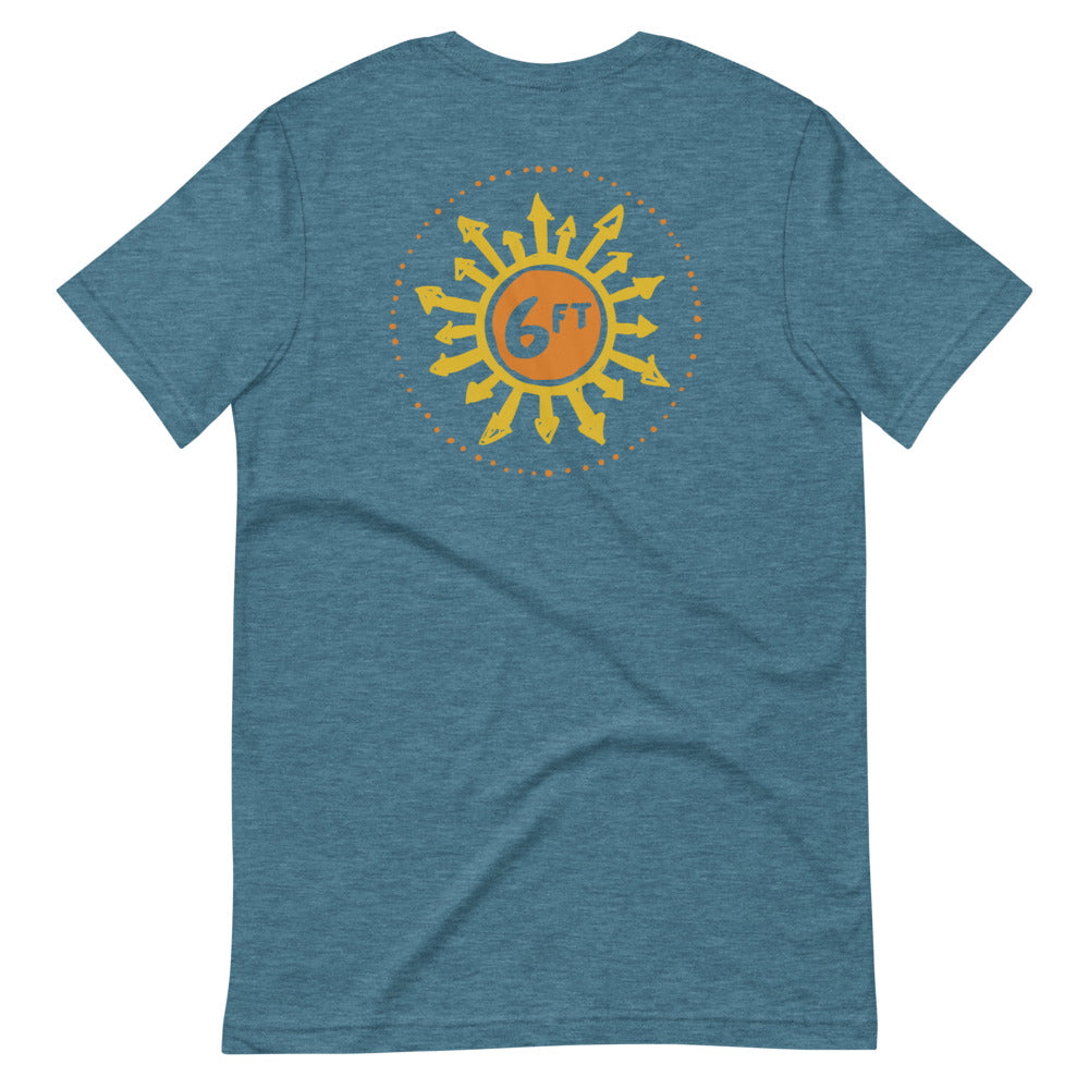 design with a sun made up of 6ft in the center and arrows going out in yellow and orange on the back of a light blue unisex tshirt