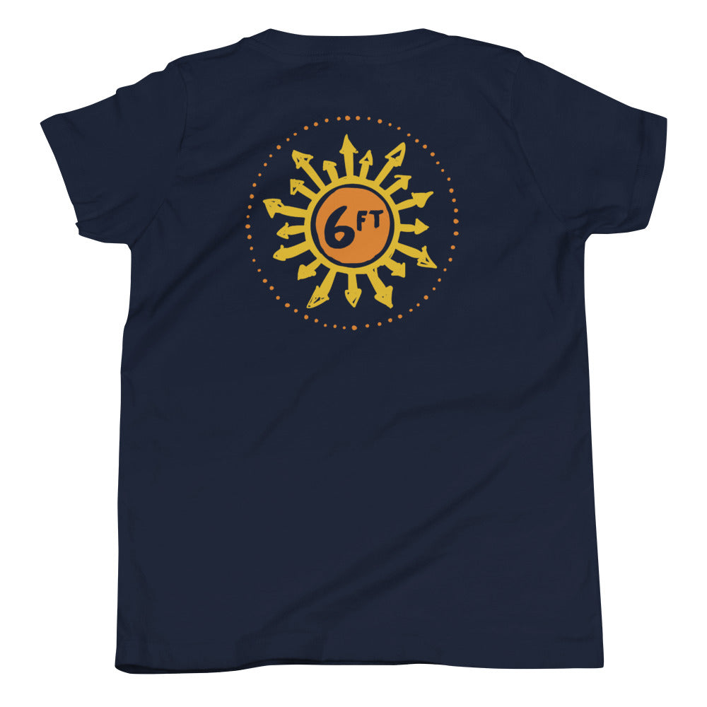 design with a sun made up of 6ft in the center and arrows going out in yellow and orange on back of navy youth tshirt