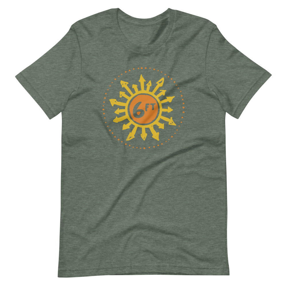 design with a sun made up of 6ft in the center and arrows going out in yellow and orange on light green unisex tshirt