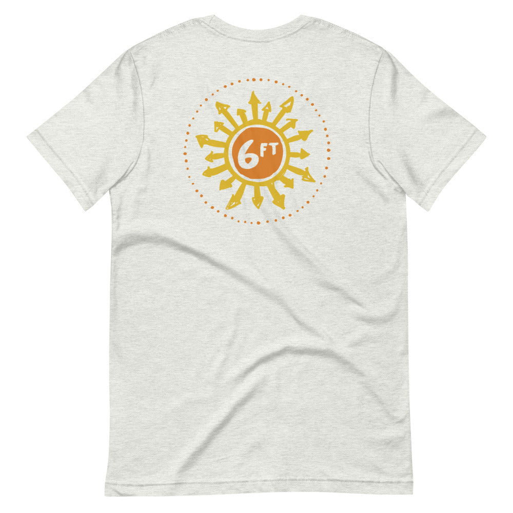 design with a sun made up of 6ft in the center and arrows going out in yellow and orange on back of white unisex tshirt