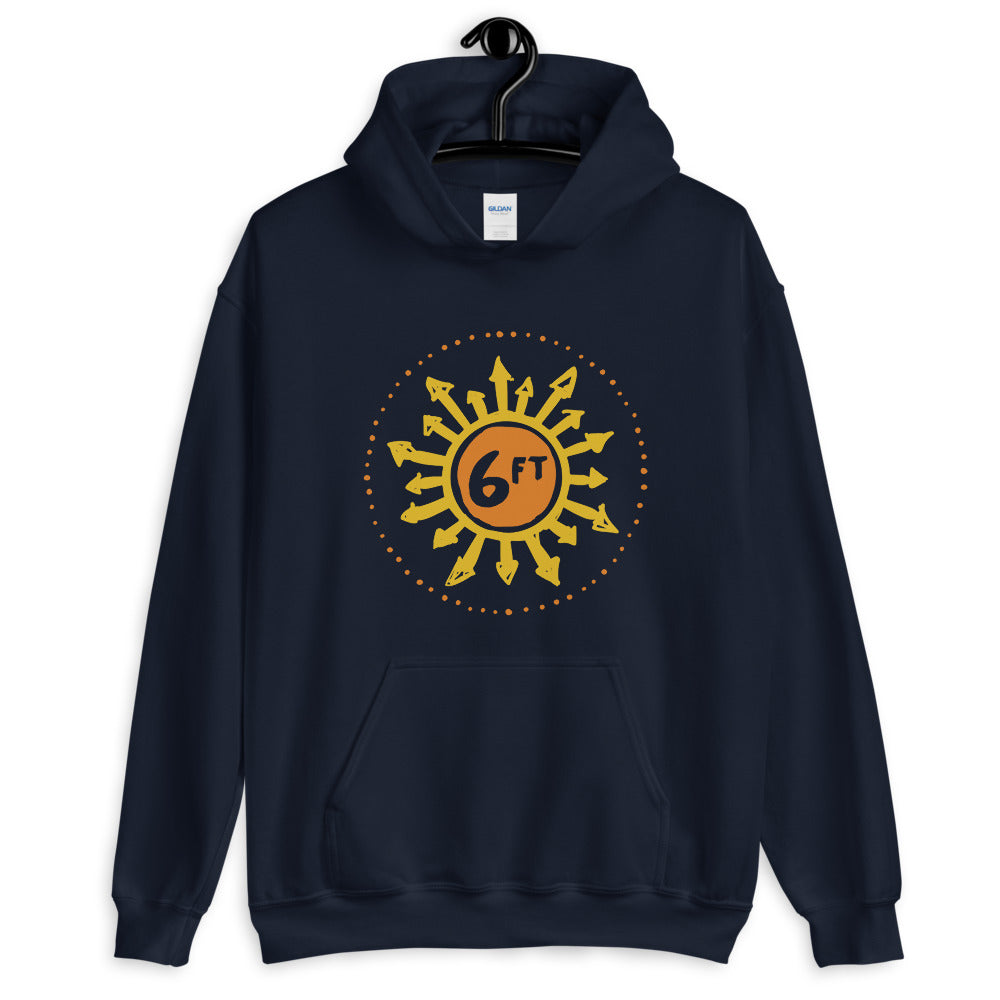 design with a sun made up of 6ft in the center and arrows going out in yellow and orange on navy blue unisex hoodie