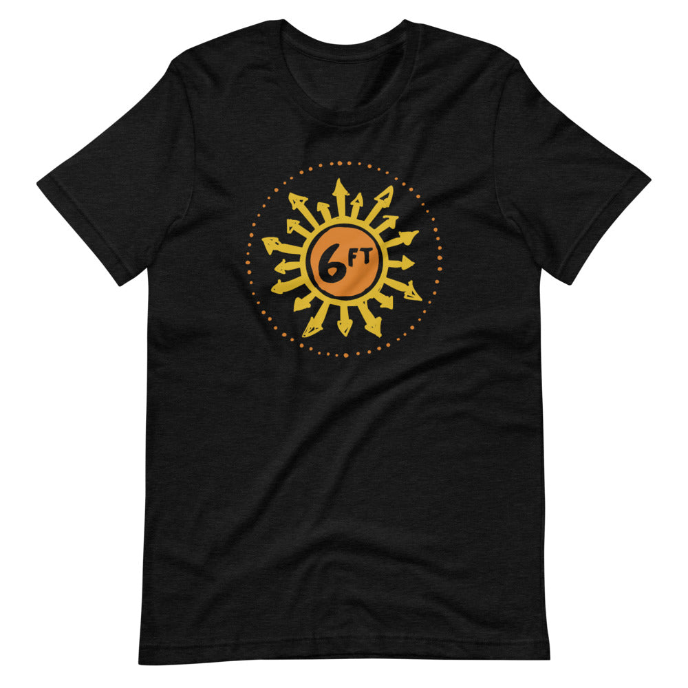design with a sun made up of 6ft in the center and arrows going out in yellow and orange on black unisex tshirt
