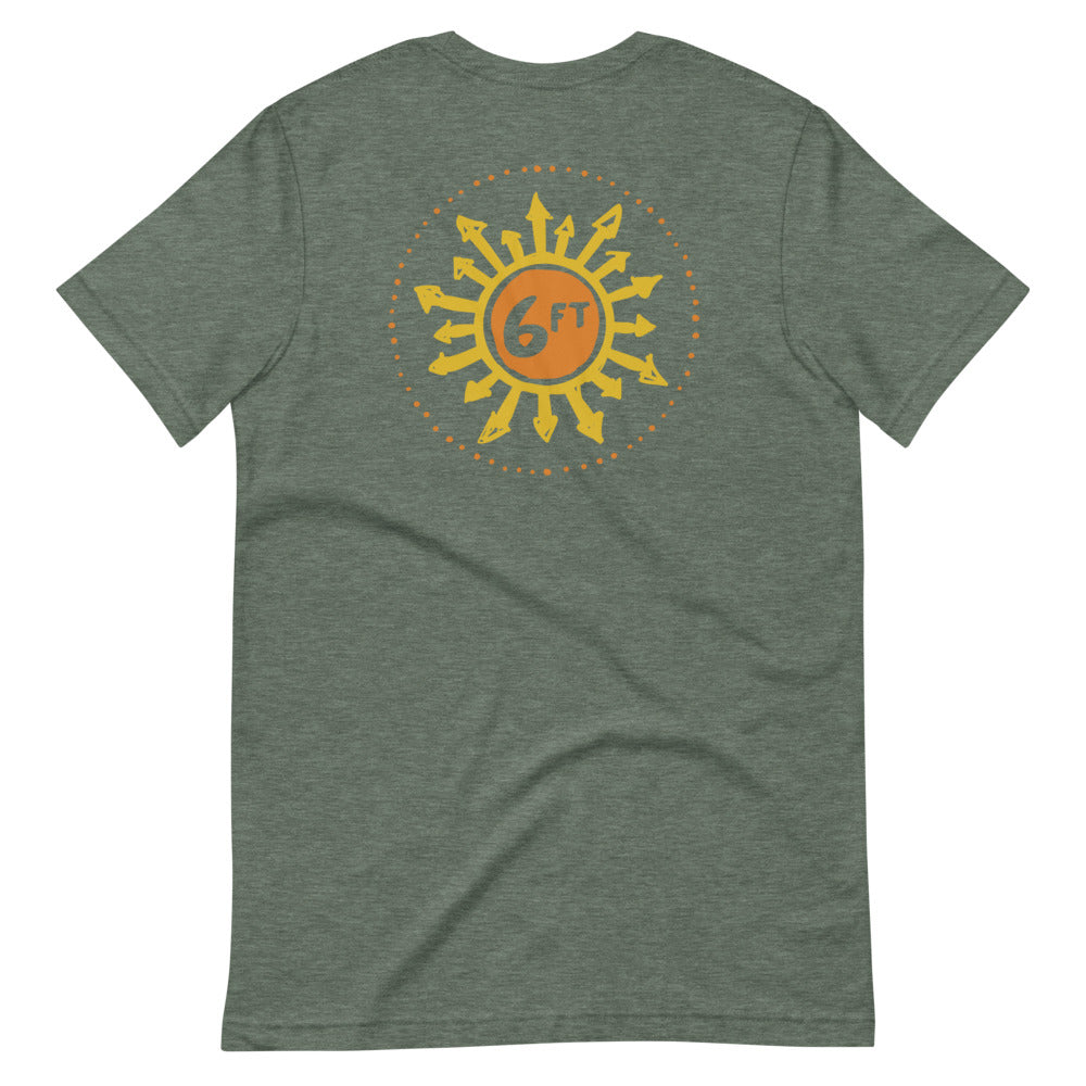 design with a sun made up of 6ft in the center and arrows going out in yellow and orange on back of a light green unisex tshirt
