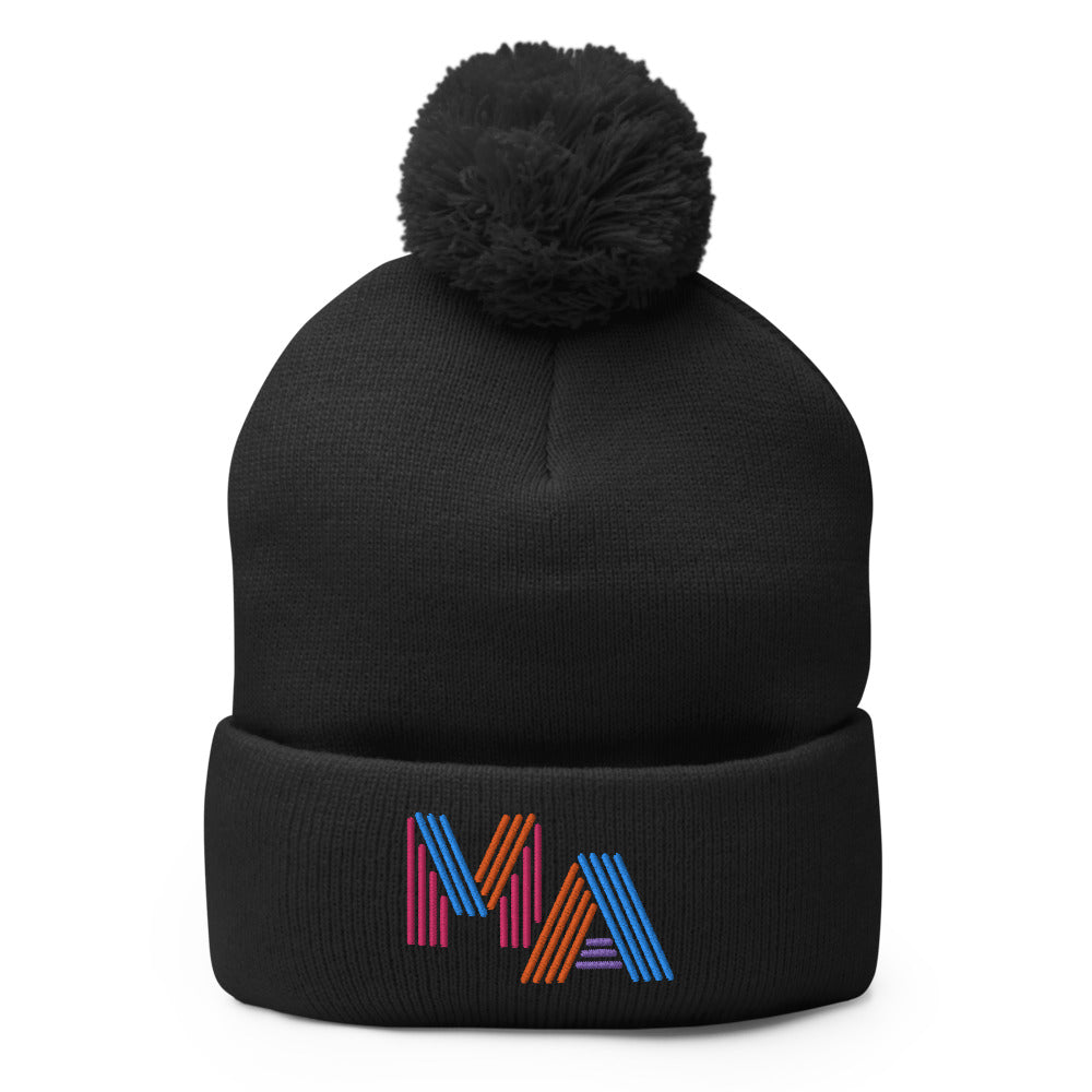 MA in neon 90s style lettering on black beanie hat massachusetts