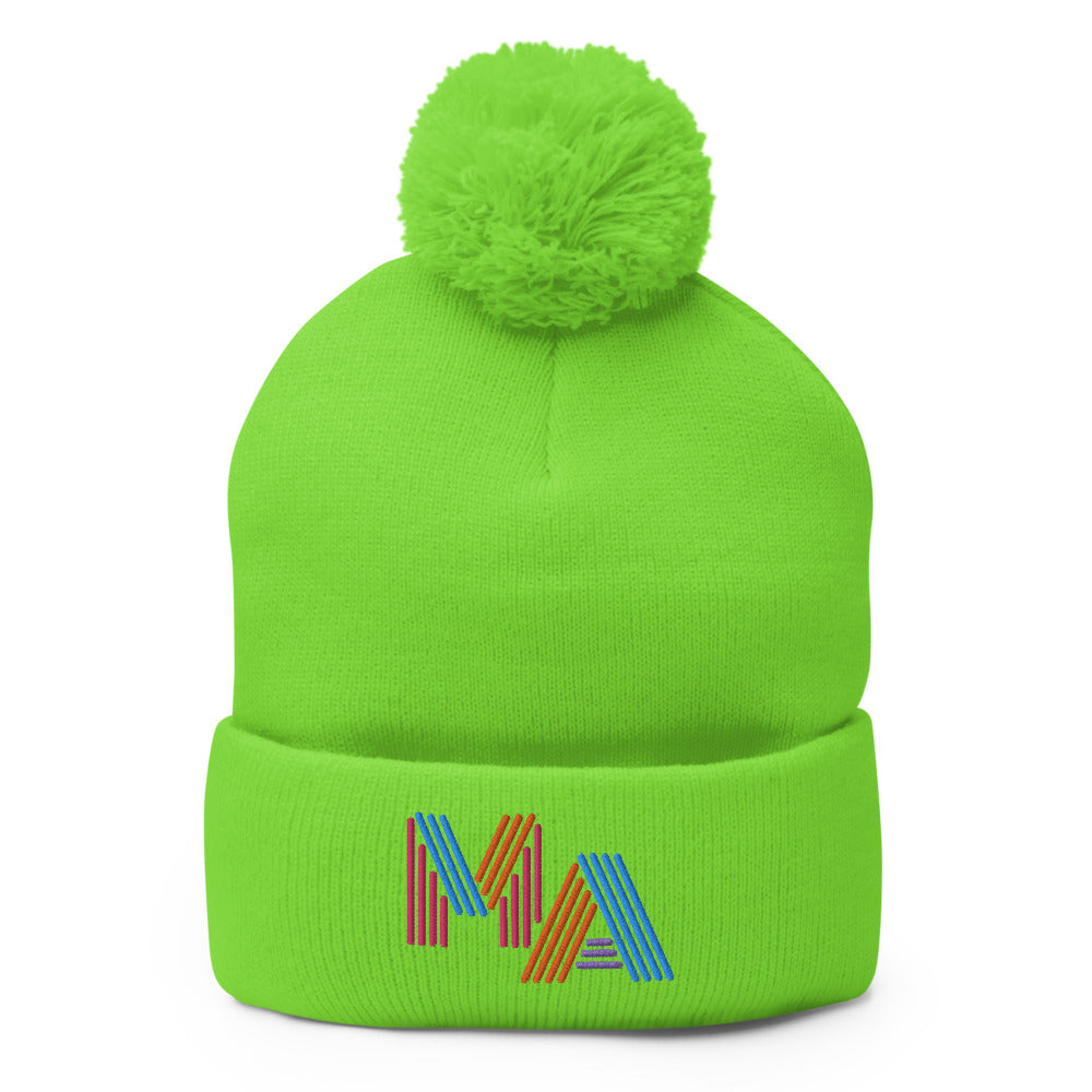 MA massachusetts in neon 90s style lettering on neon green beanie hat