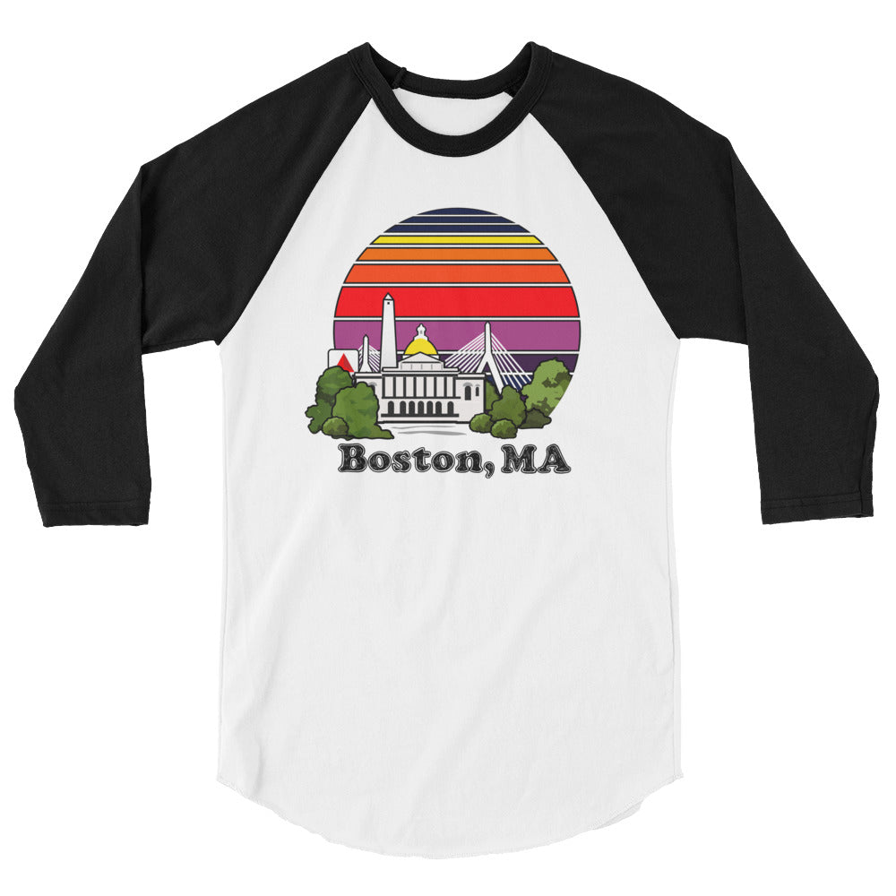 baseball shirt with design of the boston ma skyline with citgo, zakim, statehouse and bunker hill