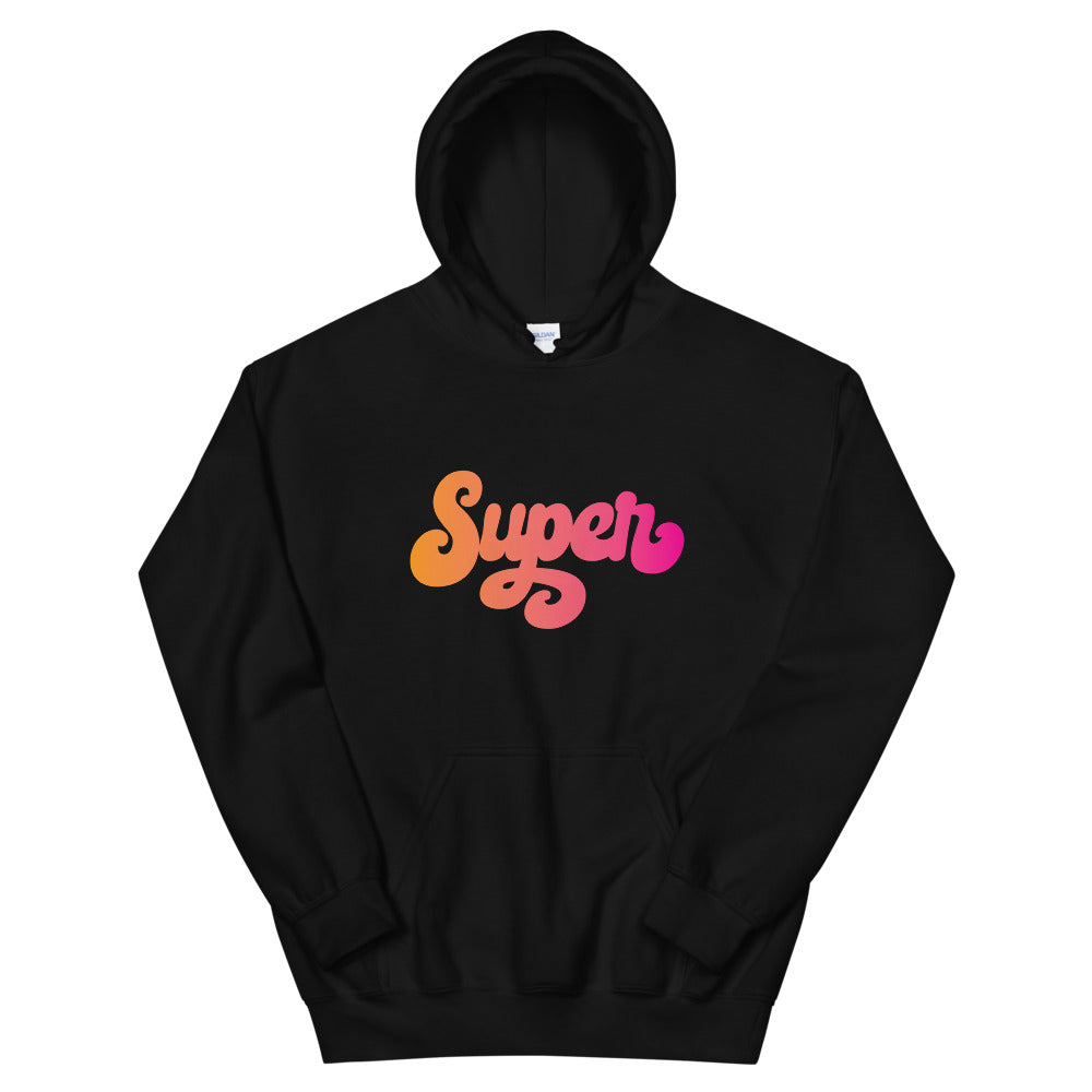 the word Super written in a pink blend cursive lettering on black hoodie