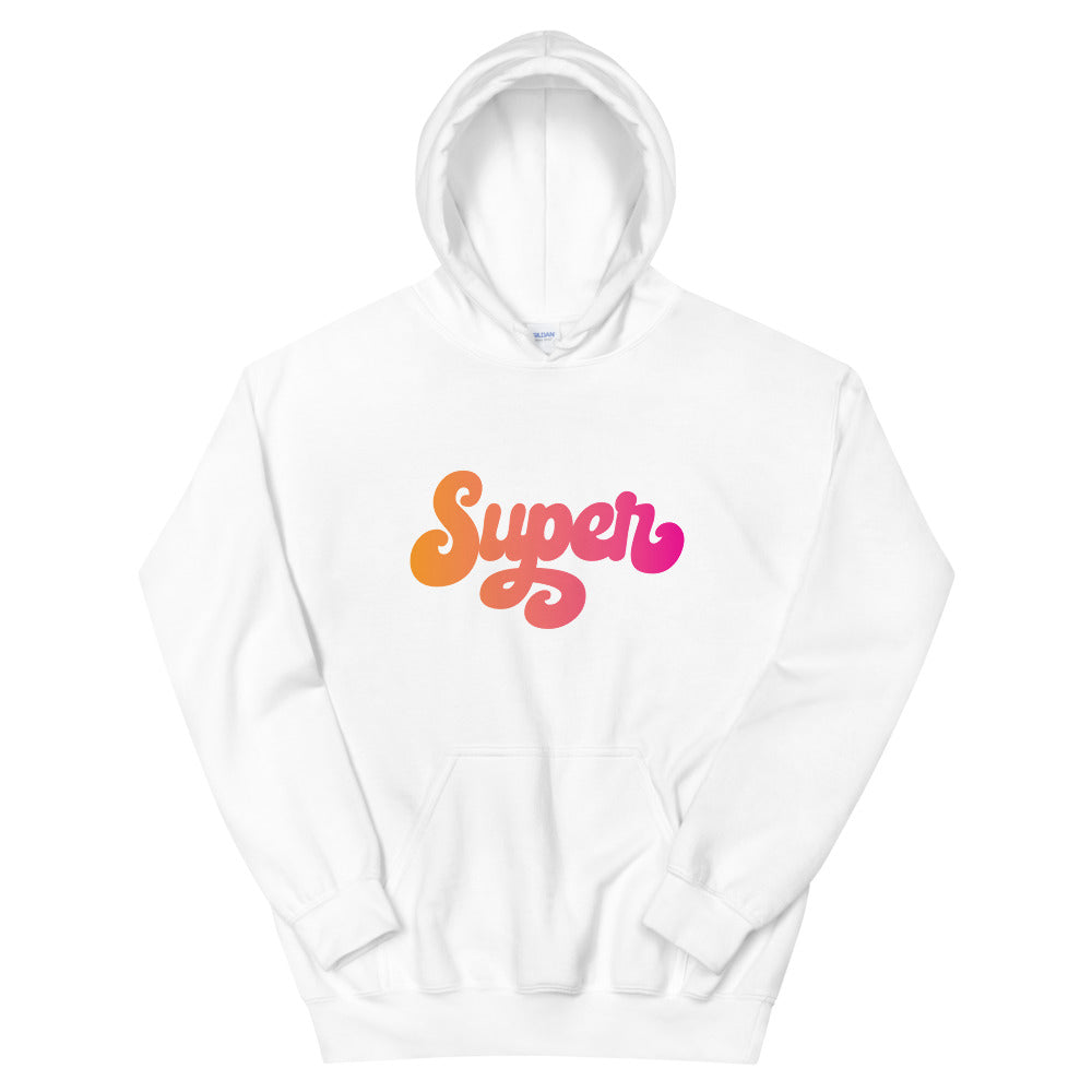 the word Super written in a pink blend cursive lettering on white hoodie