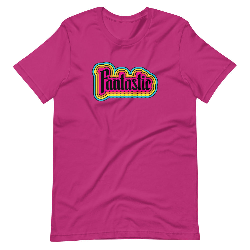 pink unisex tshirt with the word fantastic with rainbow design around it