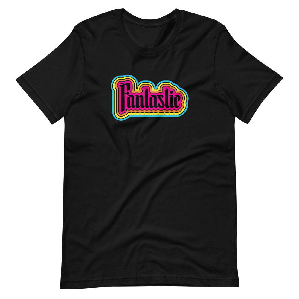black unisex tshirt with the word fantastic with rainbow design around it