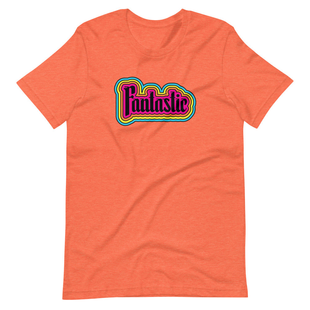 orange unisex tshirt with the word fantastic with rainbow design around it