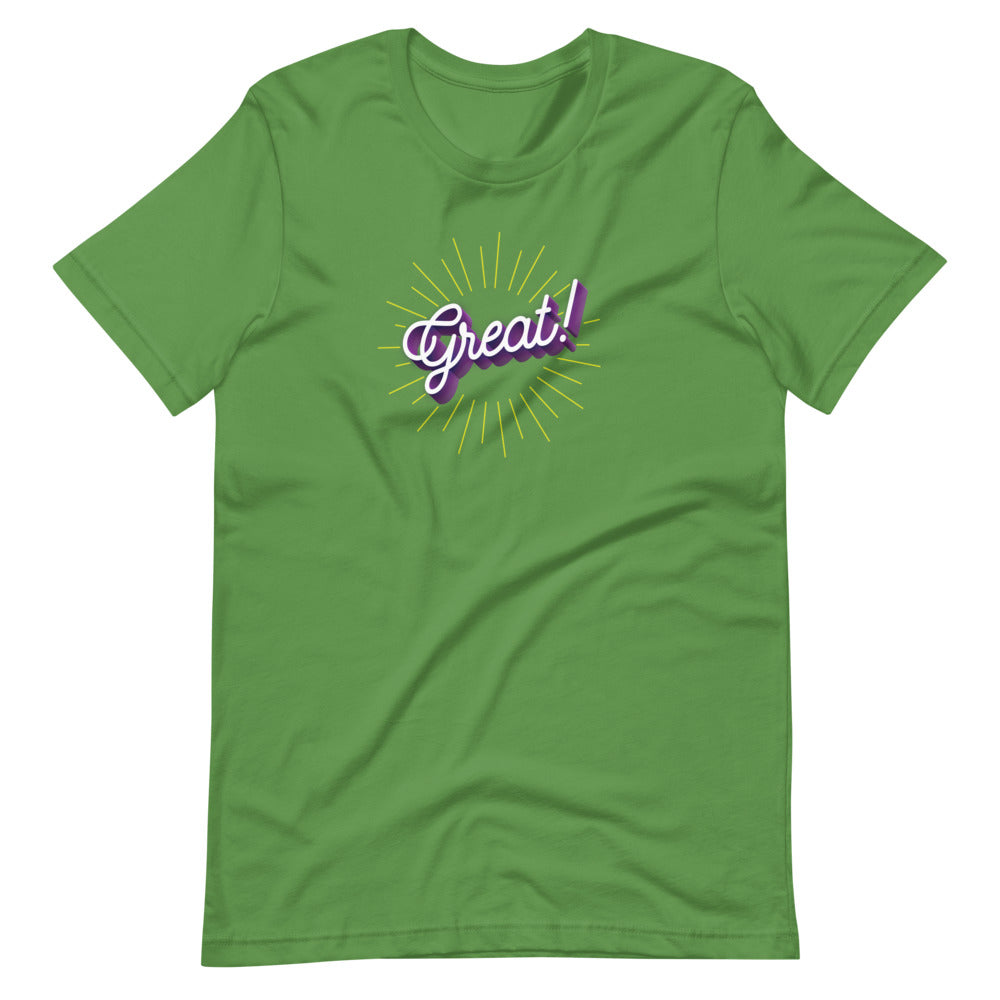 The word great! in cursive on green unisex tshirt