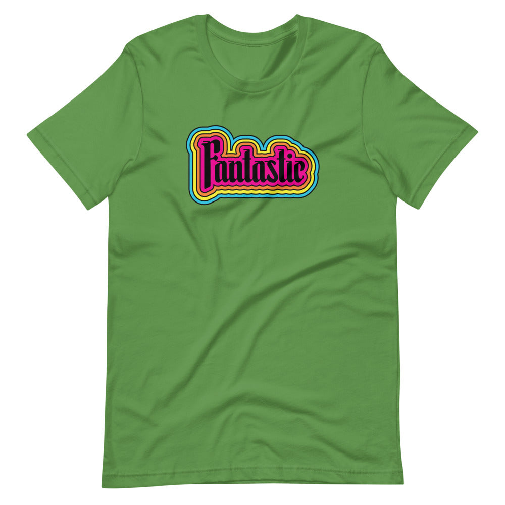 green unisex tshirt with the word fantastic with rainbow design around it