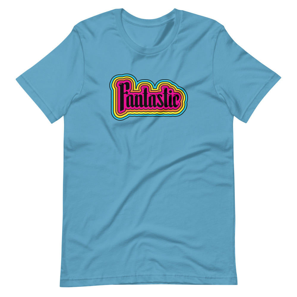 light blue unisex tshirt with the word fantastic with rainbow design around it
