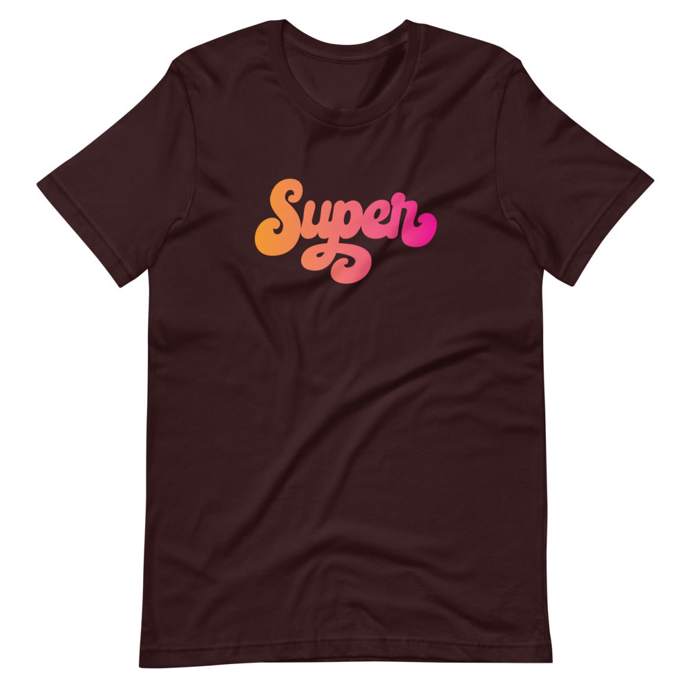 the word Super written in a pink blend cursive lettering on brown unisex tshirt
