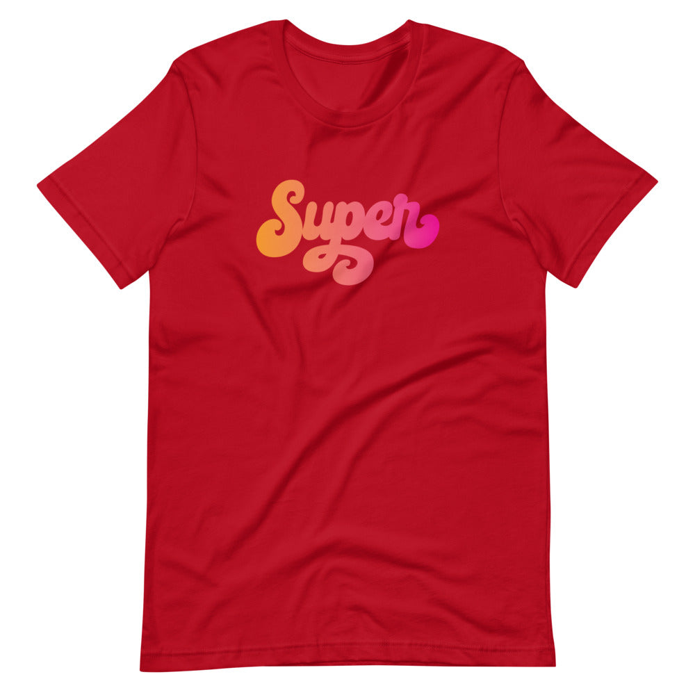 the word Super written in a pink blend cursive lettering on red unisex tshirt