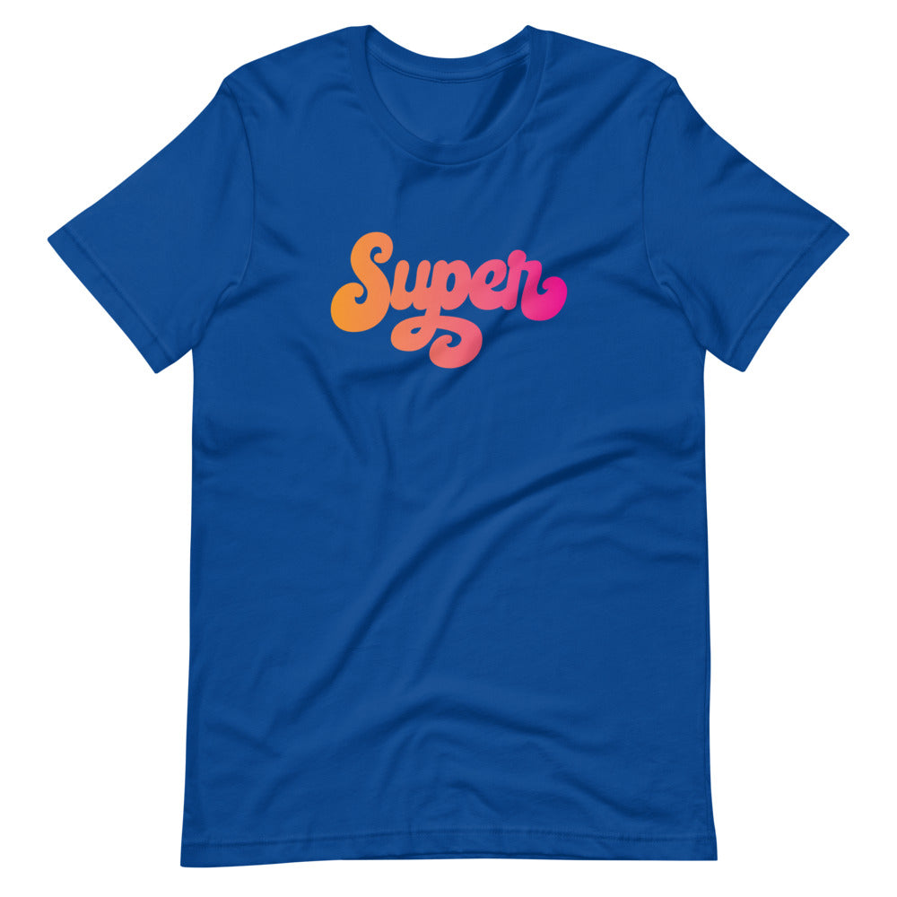 the word Super written in a pink blend cursive lettering on blue unisex tshirt
