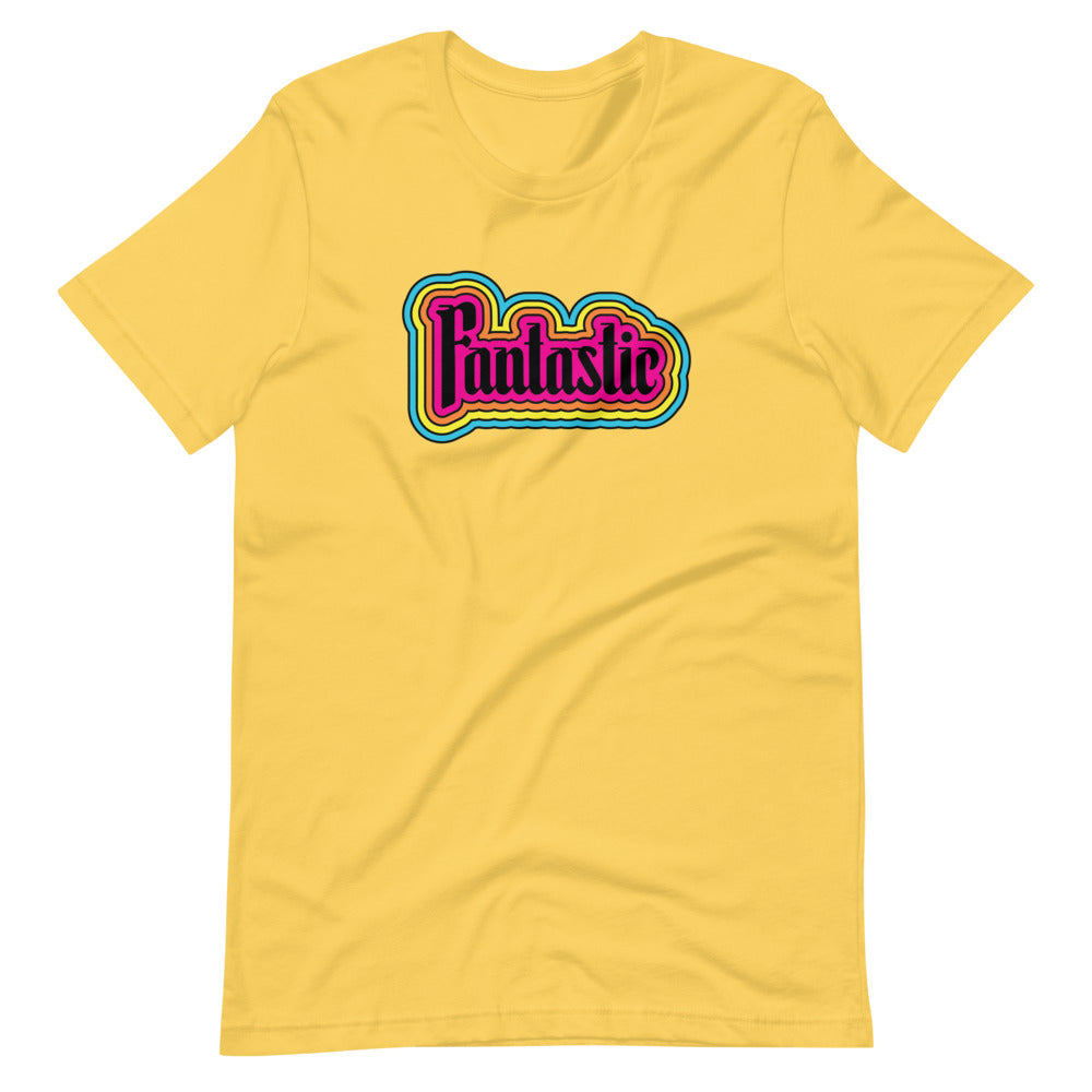 yellow unisex tshirt with the word fantastic with rainbow design around it