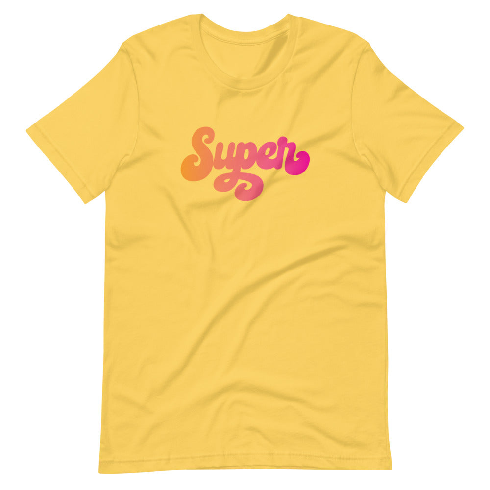 the word Super written in a pink blend cursive lettering on yellow unisex tshirt