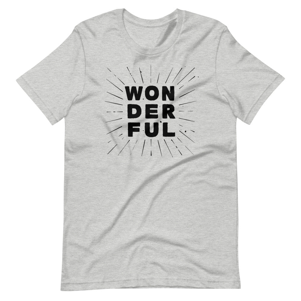 the word wonderful stacked on itself in black writing on light grey unisex tshirt