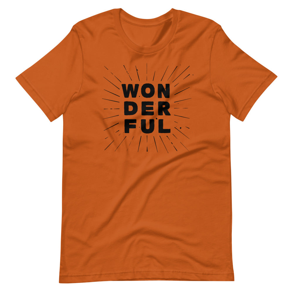 the word wonderful stacked on itself in black writing on orange unisex tshirt
