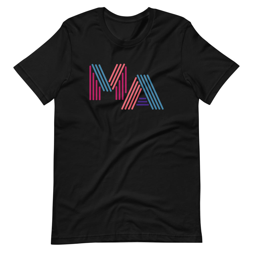 MA massachusetts in neon 90s style lettering on black unisex tshirt