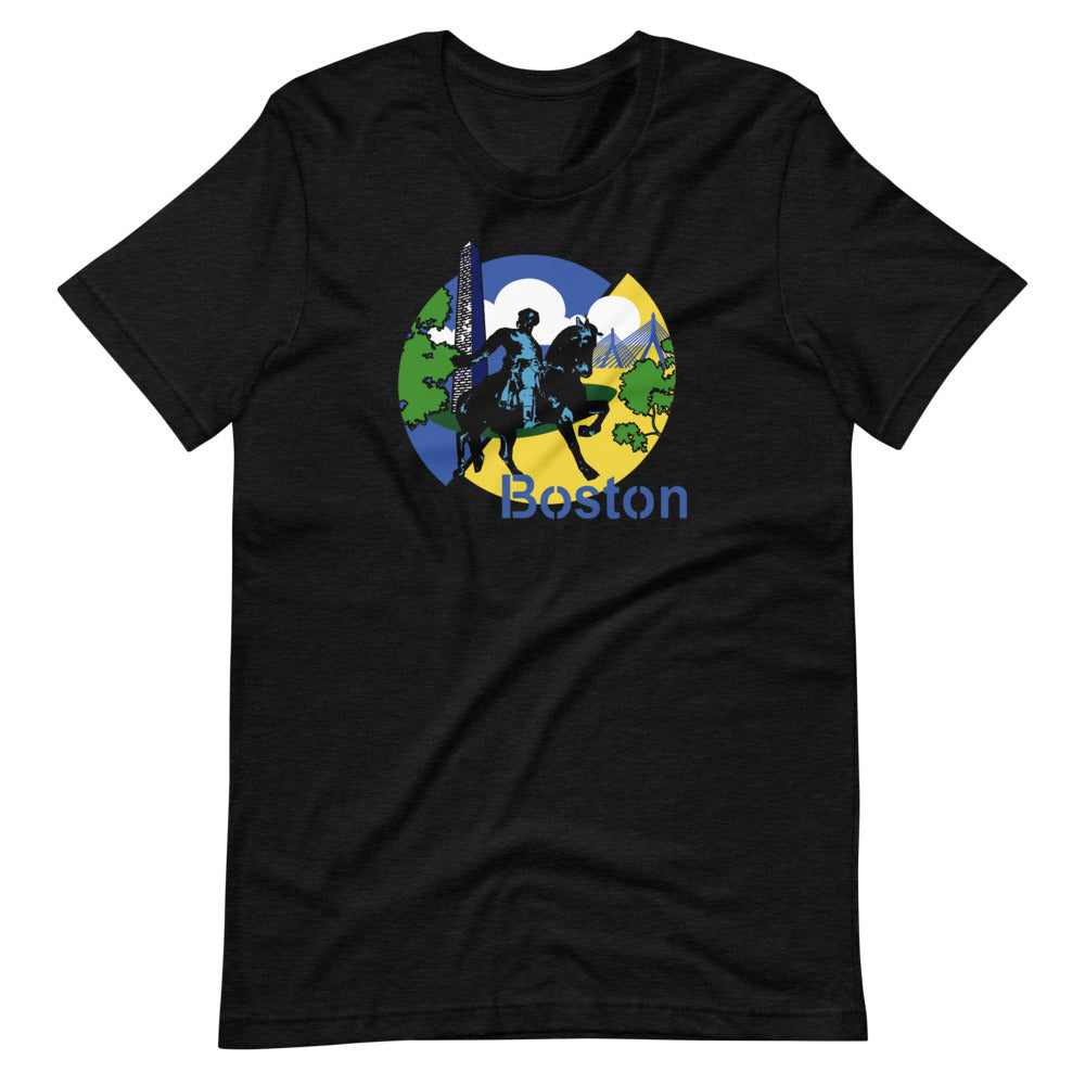 design with paul revere statue, bunker hill monument, zakim bridge boston on black unisex tshirt