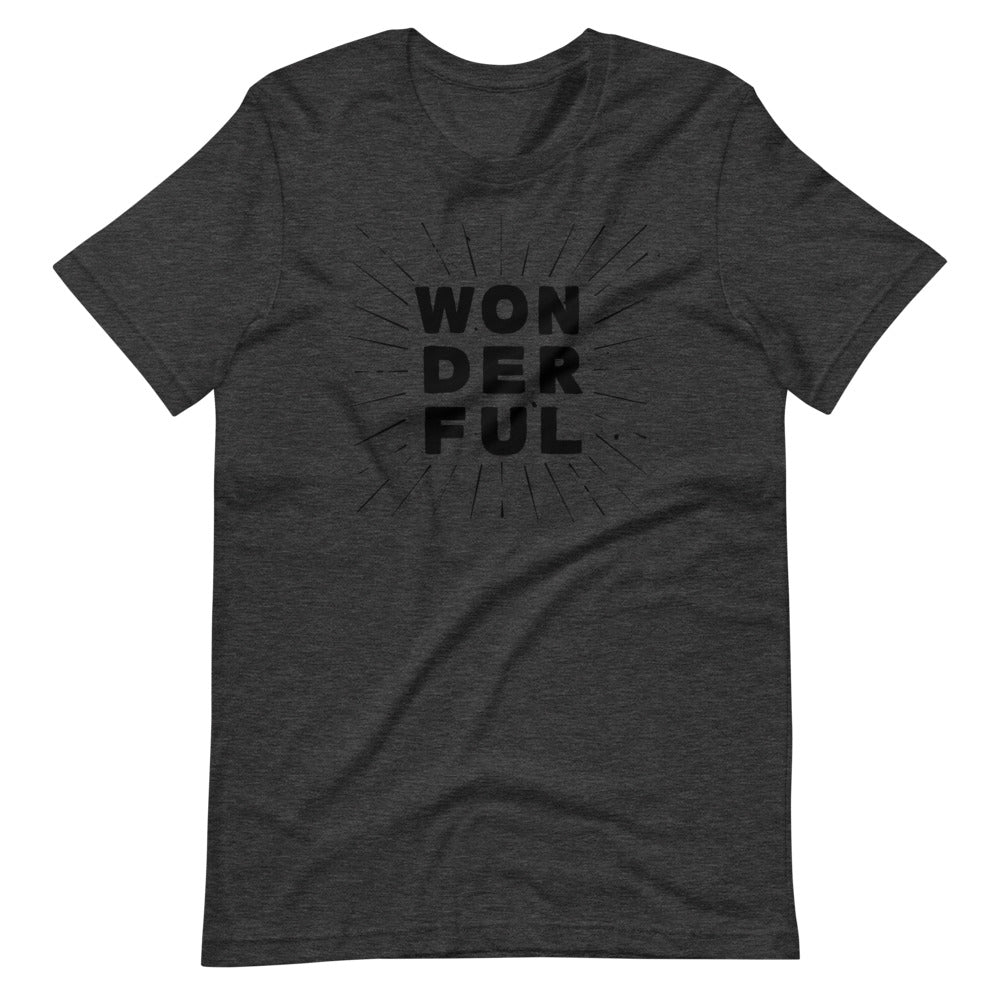 the word wonderful stacked on itself in black writing on grey unisex tshirt