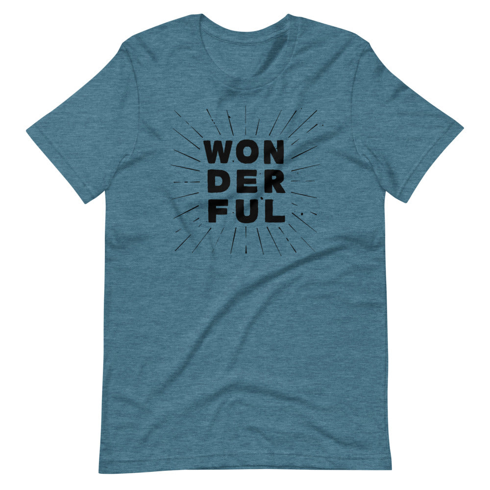 the word wonderful stacked on itself in black writing on light blue unisex tshirt