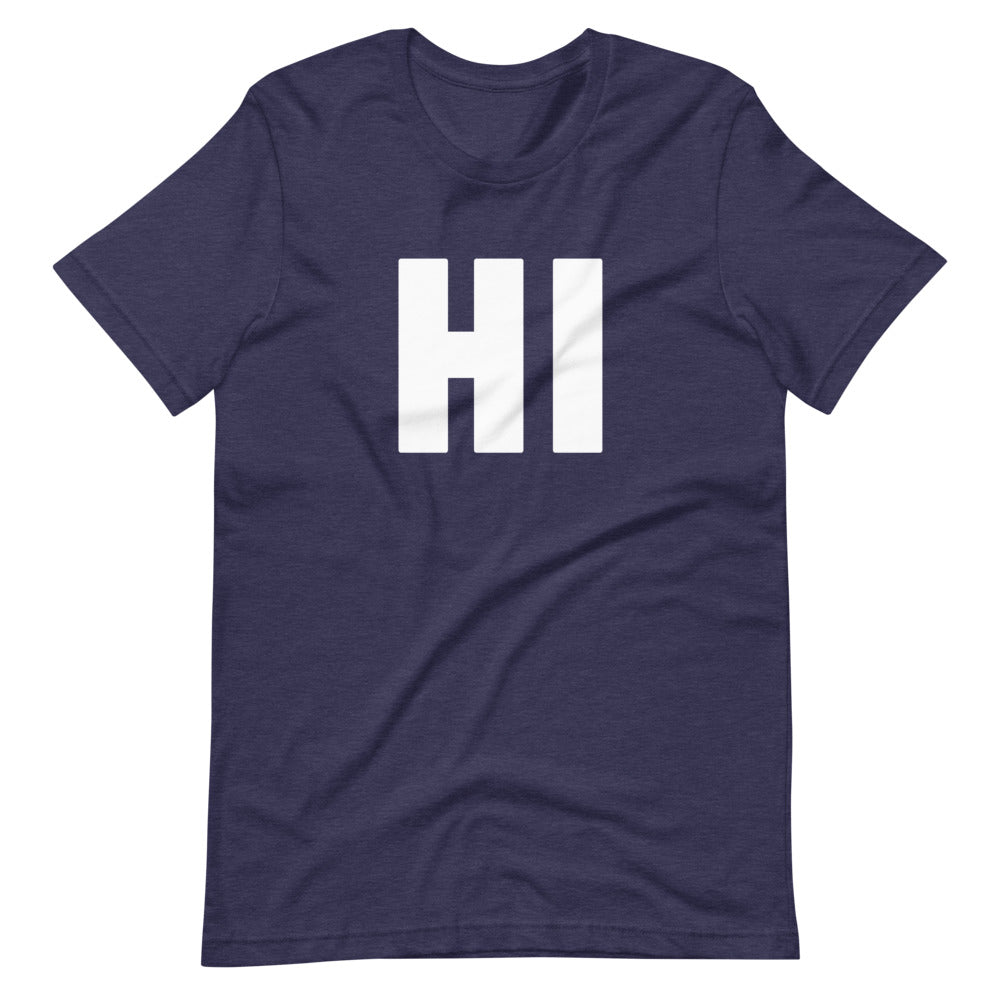 the word HI on navy blue unisex tshirt