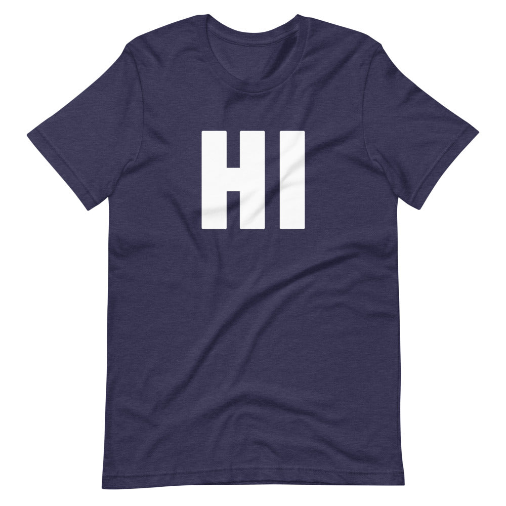 the word HI on navy blue unisex tshirt