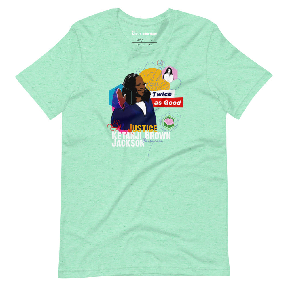 light green unisex t-shirt with design of justice ketanji brown jackson, her daughter and the phrase "twice as good"