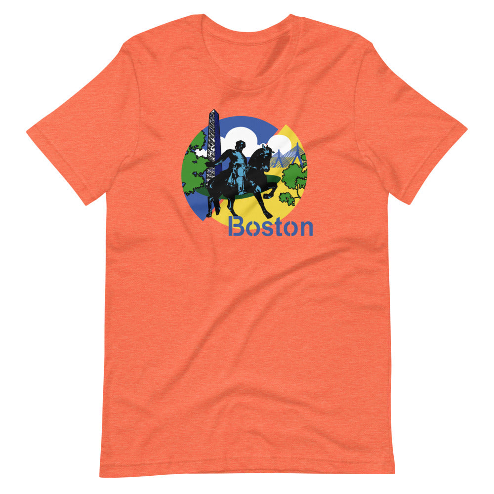 design with paul revere statue, bunker hill monument, zakim bridge boston on orange unisex tshirt