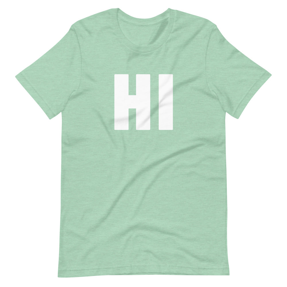 the word HI on light green unisex tshirt